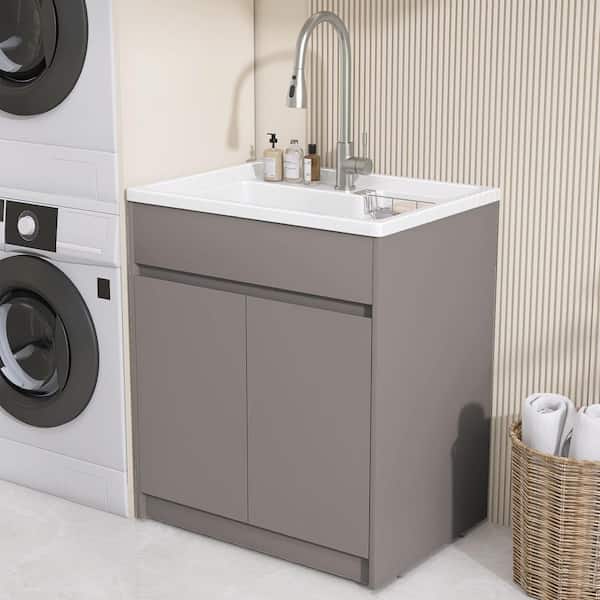 30 in. W x 22 in. D Solid Surface Drop-In Laundry/Utility Sink and Cabinet with Cold Hot Water Faucet in Light Brown