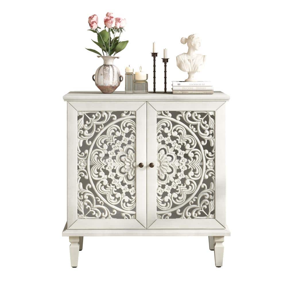 Antique Grey White Cabinet with Hollow Floral Carving, Adjustable Shelf, Support Legs price history on PriceWatchPro