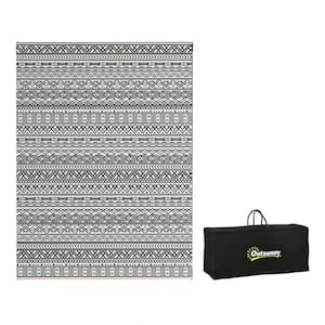 Reversible Outdoor Rug, 9 ft. x 12 ft. Plastic Waterproof Floor Mat Camping Carpet with Carry Bag, Gray White Boho