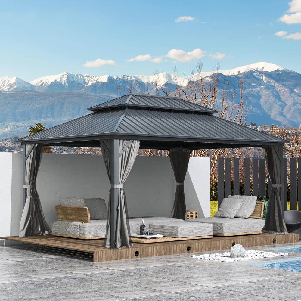 Gray 10' x 12' Aluminum and Steel Hardtop Gazebo with Curtains