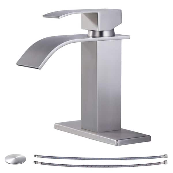 Single Handle Single Hole Bathroom Faucet with Deckplate and Waterfall Spout Included in Brushed Nickel