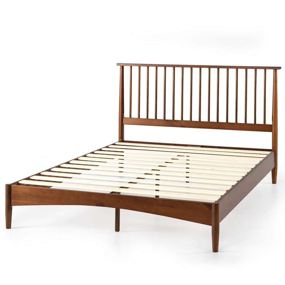 Elegant Mid-Century King Platform Bed with Wood Spindle Headboard