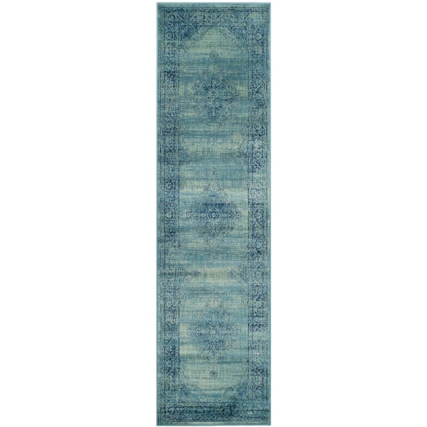 Vintage 2 ft. x 14 ft. Turquoise/Multi Floral Border Medallion Runner Rug