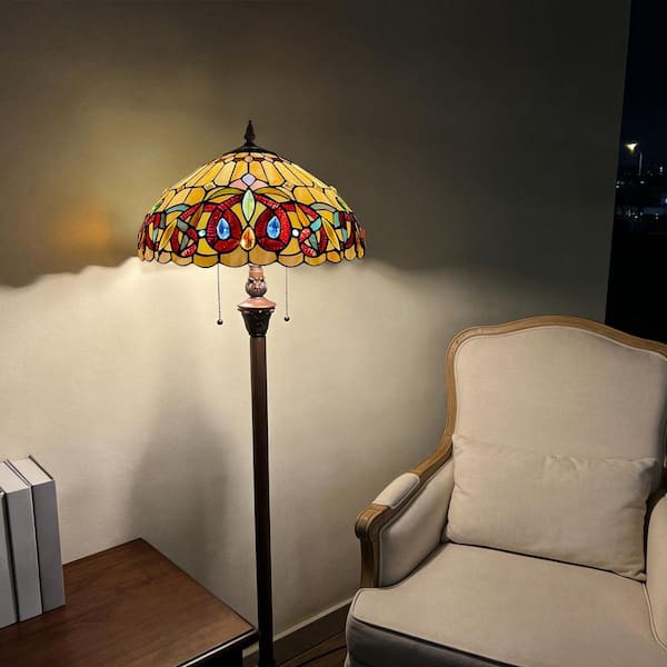 62 in. Dark Bronze Tiffany Floor Lamp Antique Style Standing Light with Victorian Stained Glass Shade Pull Chain Switch