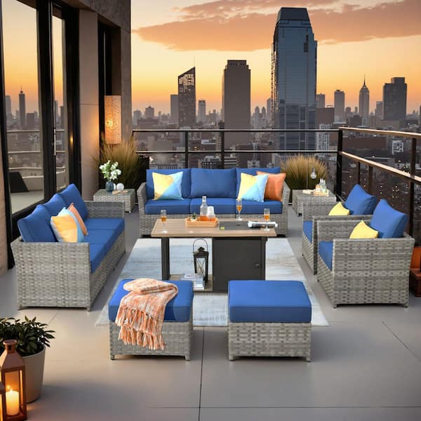 Toject Eufaula Gray 13-Piece Wicker Modern Outdoor Patio Conversation Sofa Set with a Storage Fire Pit and Navy Blue Cushions