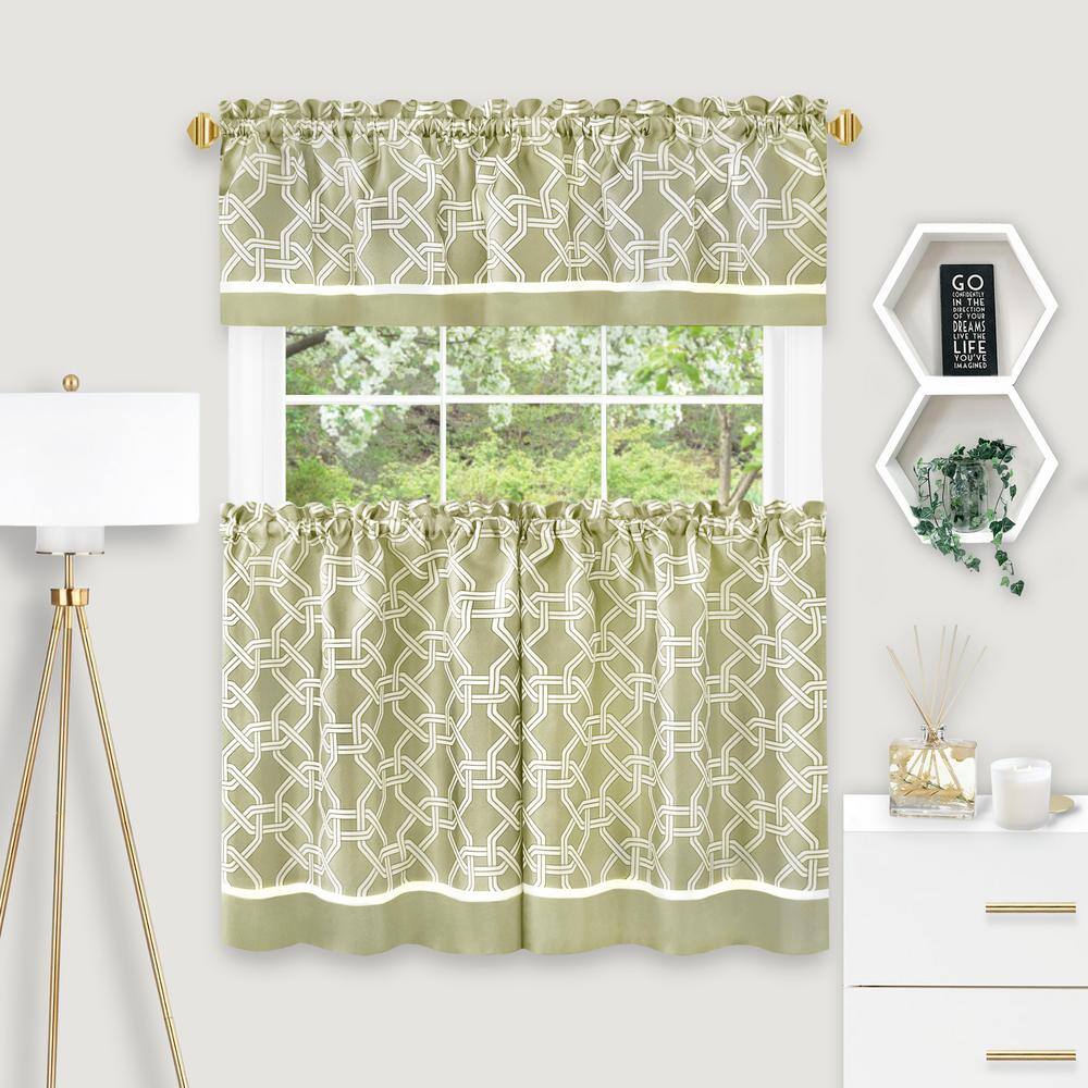 Green Geometric Polyester Curtain Tier and Valance Set