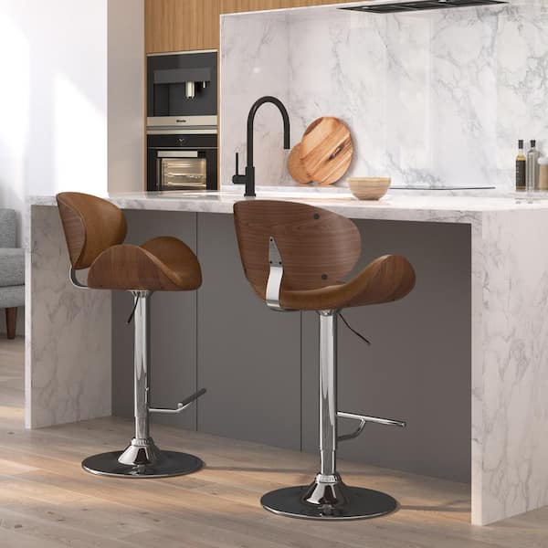 Simpli Home Marana 33 in. Deep Tan Metal Mid Century Modern Bentwood Adjustable Swivel Bar Stool in Vegan Faux Leather
