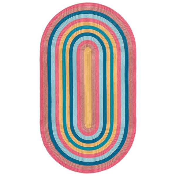 Braided 4 ft. x 6 ft. Pink/Blue Striped Multicolor Pastel Oval Area Rug