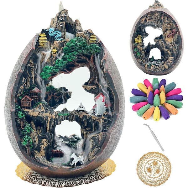 Hand-Carved Resin Backflow Incense Burner with Waterfall Effect and Accessories