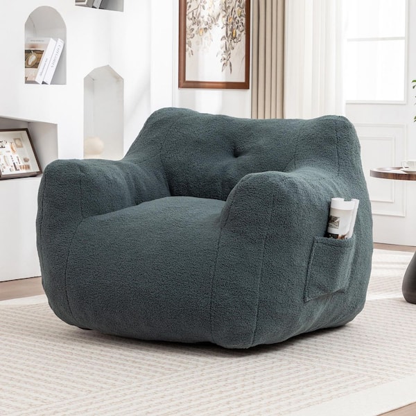 Light Green Teddy Fabric Bean Bag, Floor Sofa Chair with Armrests, Memory Foam Filled Lounge Chair