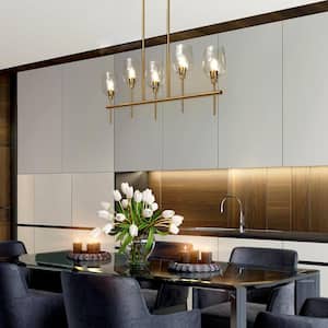 5-Light Transitional Kitchen Island Chandelier Plating Brass Linear Chandelier with Textured Clear Glass Shades