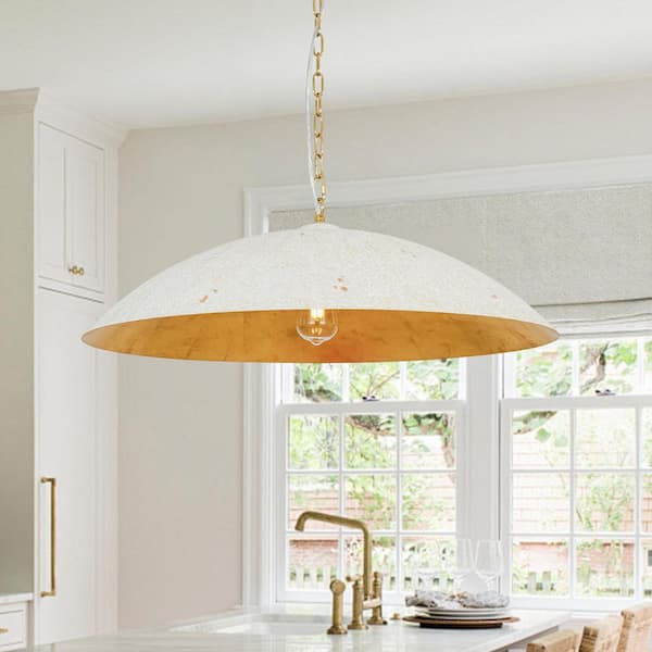 PCover 1-Light 27.6 in.W Distressed White Pendant Light Kitchen Barn Dome Cone Hanging Light with Gold Foil Accent