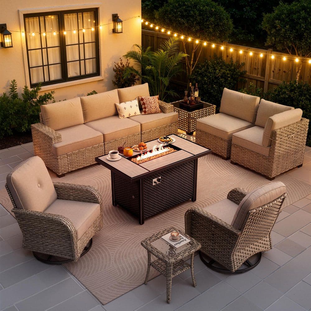 Tibercy Gray 10-Piece Wicker Patio Rectangle Fire Pit Conversation Set with Beige Cushions and Swivel Chairs price history on PriceWatchPro