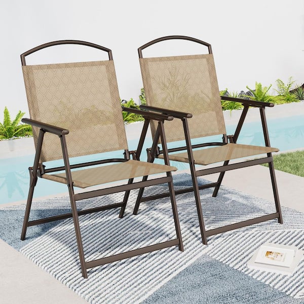 Patio Steel Frame Folding Chairs Portable Dining Outdoor Chair Set with Armrest (Set of 2)