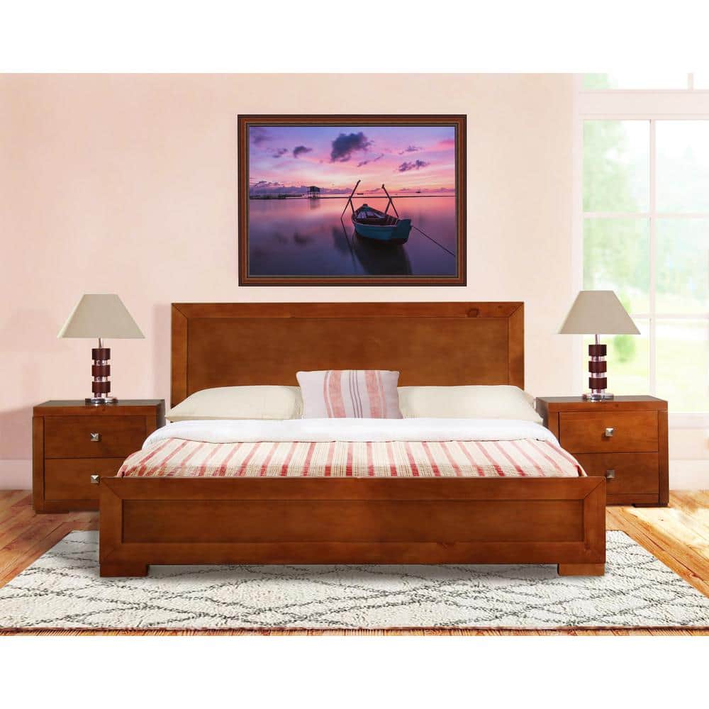 Cherry Wood King Platform Bed with Upholstered Headboard
