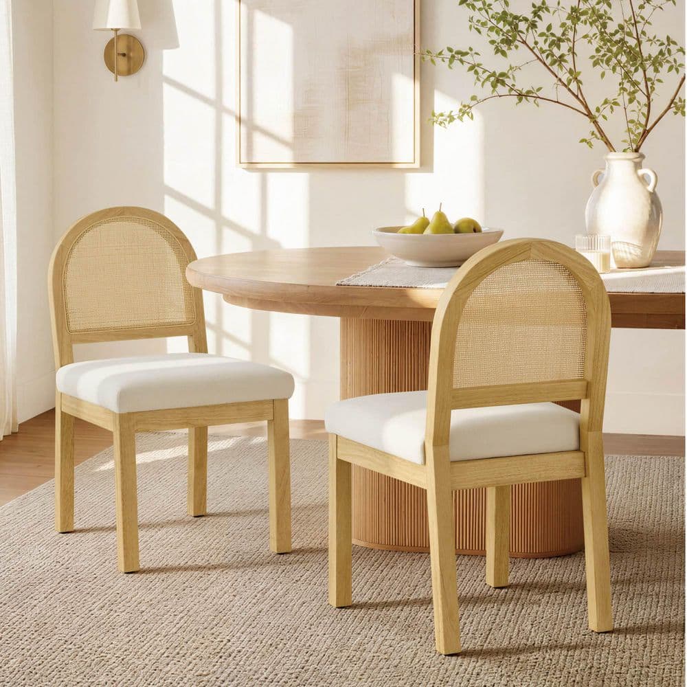 Apex Natural Boho Dining Chair with Rattan Back, Upholstered Seat, Solid Rubber Wood Frame, Set of 2 price history on PriceWatchPro