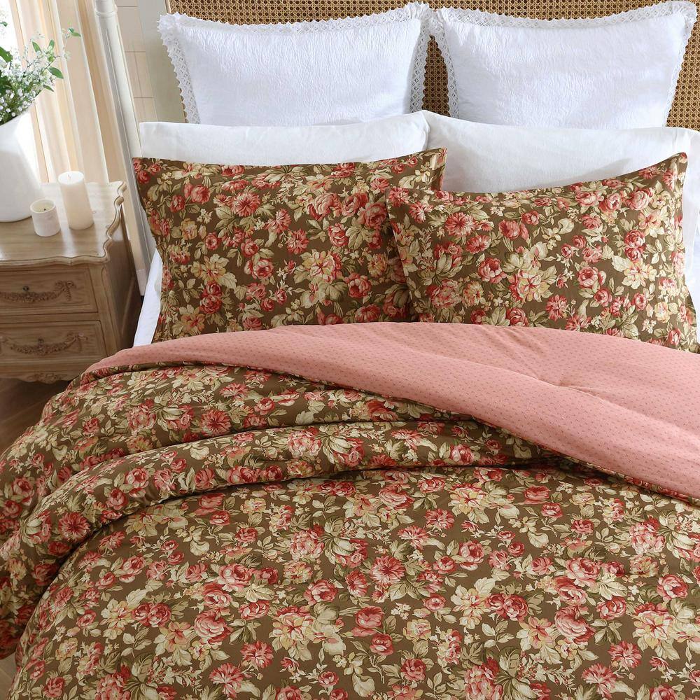 Twin Brown Cotton Reversible Floral Comforter Set