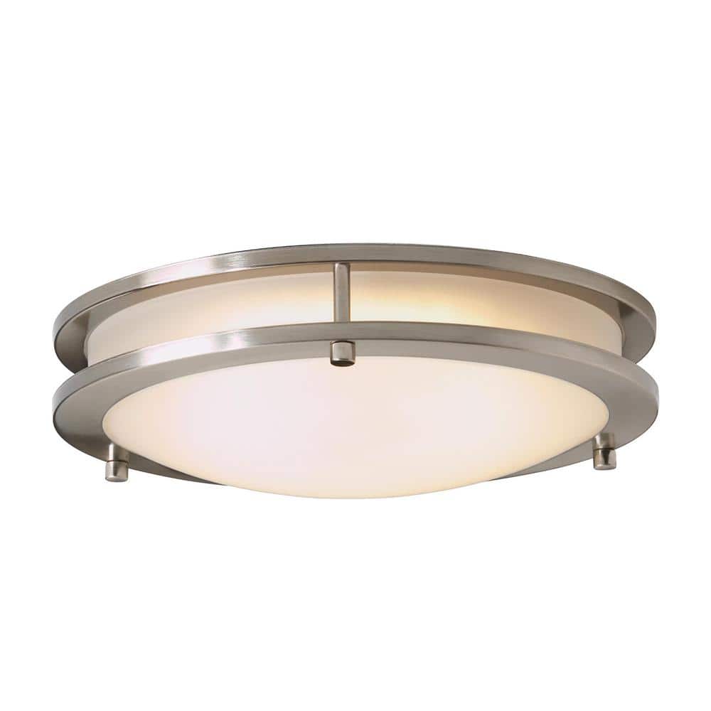Hampton Bay Flaxmere 12 in. Brushed Nickel Dimmable Integrated LED Flush Mount Ceiling Light with Frosted White Glass Shade
