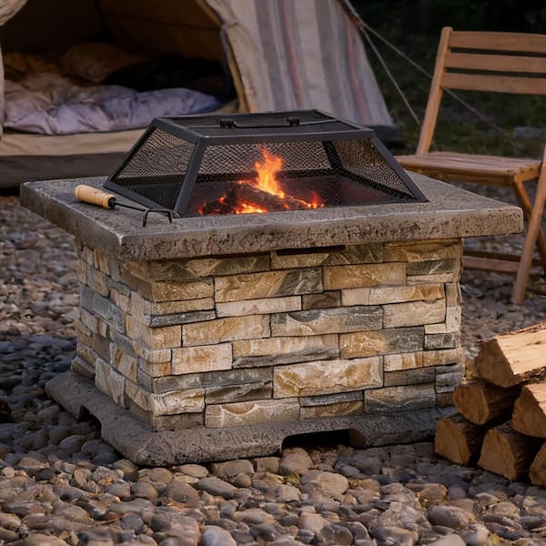 29 in. Stone Gray Square Wood Outdoor Fire Pit
