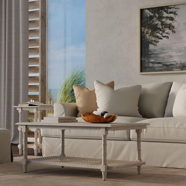 Carolina Chair & Table Chesterfield 42 in. by 24 in. Whitewash Rectangle Wood and Cane Coffee Table with Shelf