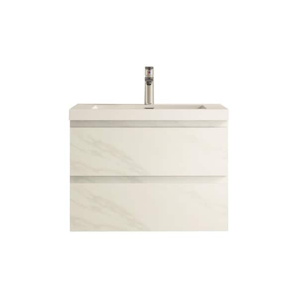 Angela 30 in. Single Jazz. White Bath Vanity Wall-mounted Floating Vanities with Gloss White Resin Stone Top 2-Drawers