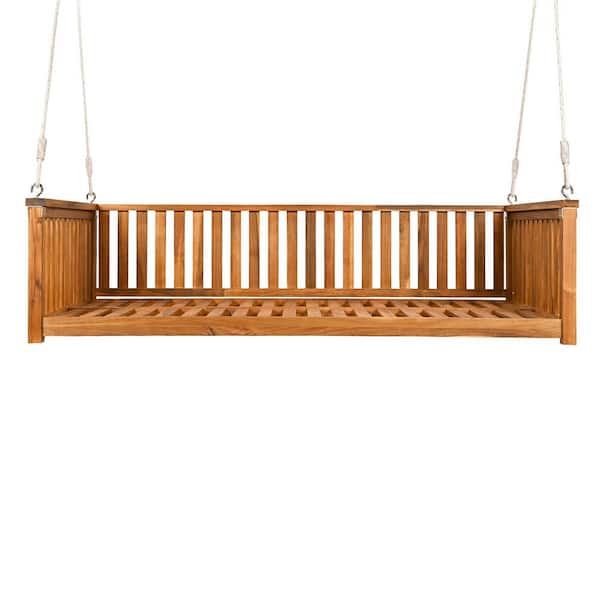 Unbranded 2-Person Seating Teak Weather Resistant Frame Wood Minimalist Twin Size Garden Porch Swing, with Ropes, for Backyard