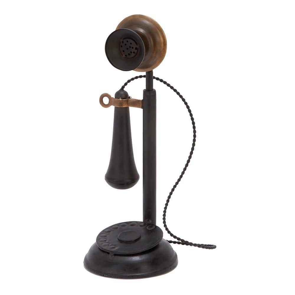 Vintage Black and Brass Metal Telephone Sculpture with Round Base