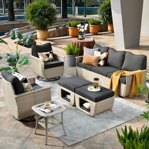 Sierra Beige 6-Piece Wicker Pet Friendly Outdoor Patio Conversation Sofa Set with Swivel Chairs and Black Cushions