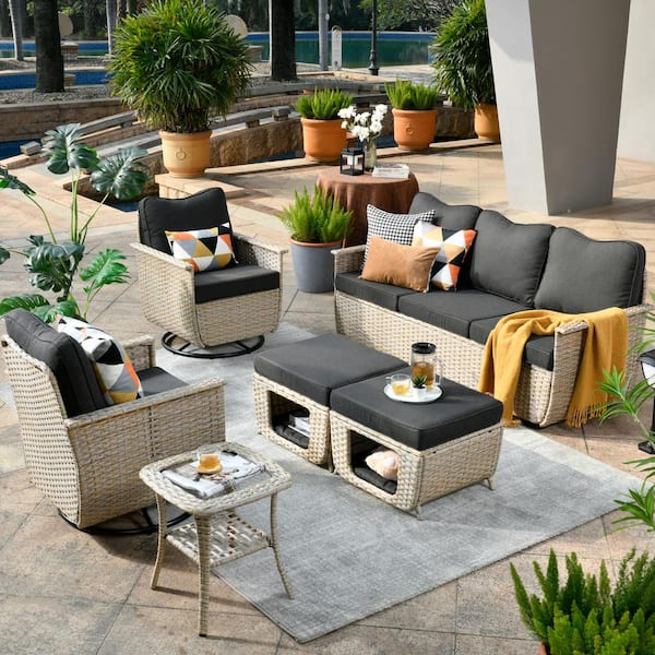 HOOOWOOO Sierra Beige 6-Piece Wicker Pet Friendly Outdoor Patio Conversation Sofa Set with Swivel Chairs and Black Cushions