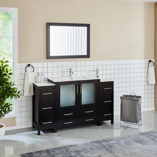 60 in. W x 18 in. D x 36 in. H Bathroom Vanity in Espresso with Single Basin Vanity Top in White Ceramic and Mirror