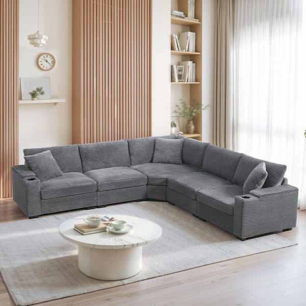 106 in. Square Arm Convertible Corduroy L-Shaped Sectional Sofa in Gray with Armrest Storage, Cup Holders, USB Ports