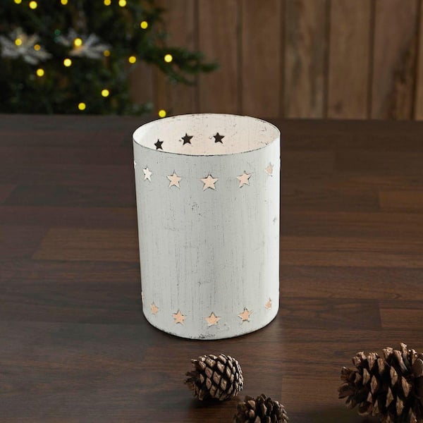 Star Border Distressed White Metal Candle Holder 1-Pack
