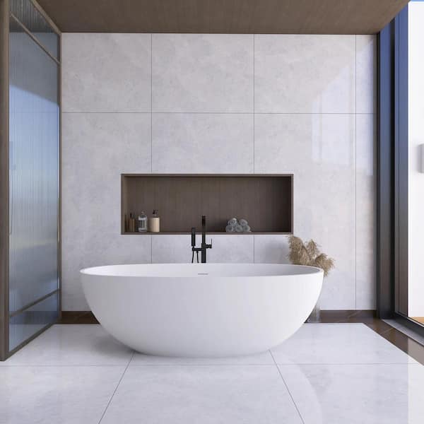 JimsMaison 65 in. Stone Resin Flatbottom Non-Whirlpool Double Slipper Freestanding Bathtub in White