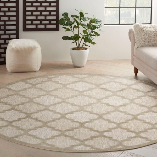 Easy Care Cream 8 ft. x 8 ft. Trellis Contemporary Round Area Rug