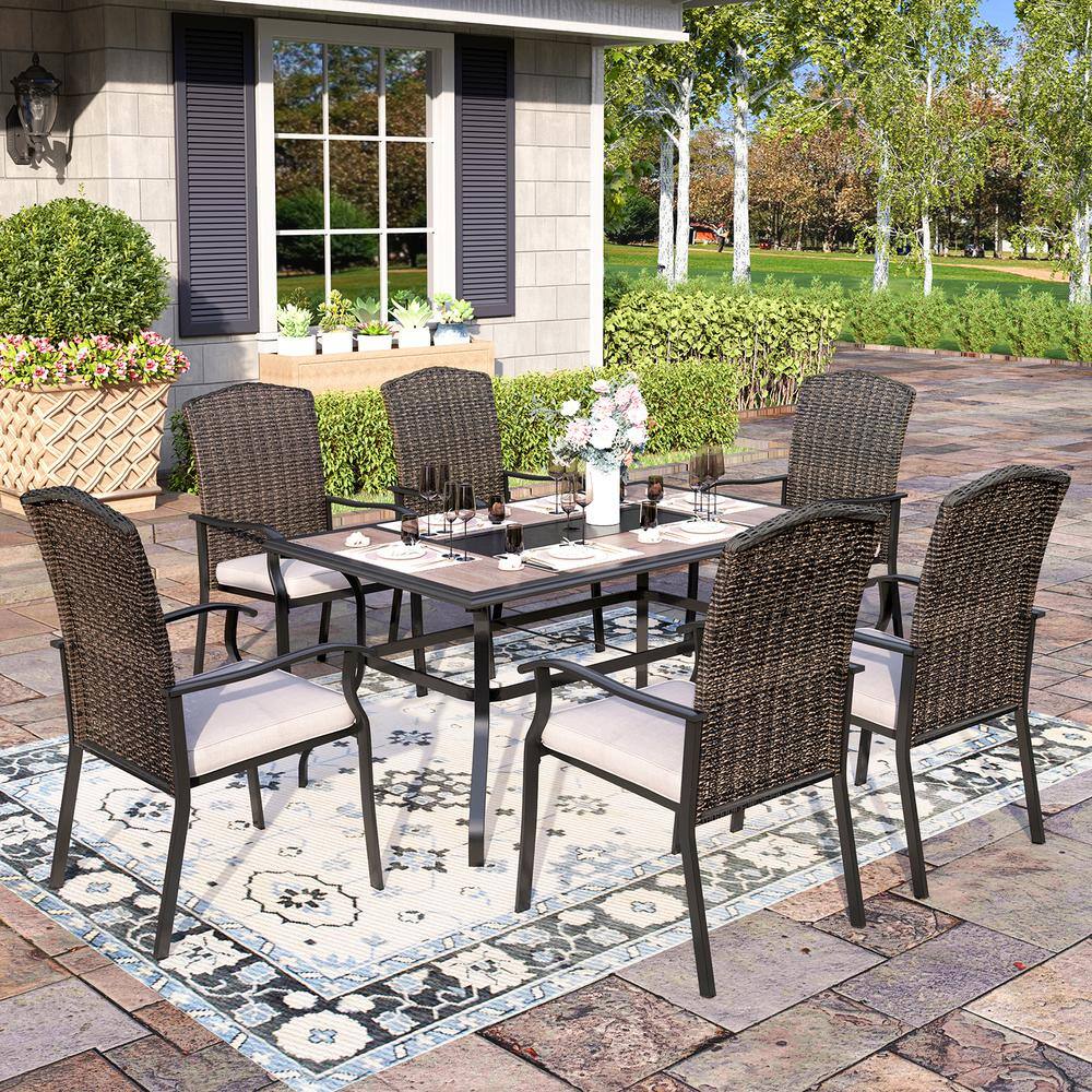 PHI VILLA Black 7-Piece Metal Patio Outdoor Dining Set with Geometric ...