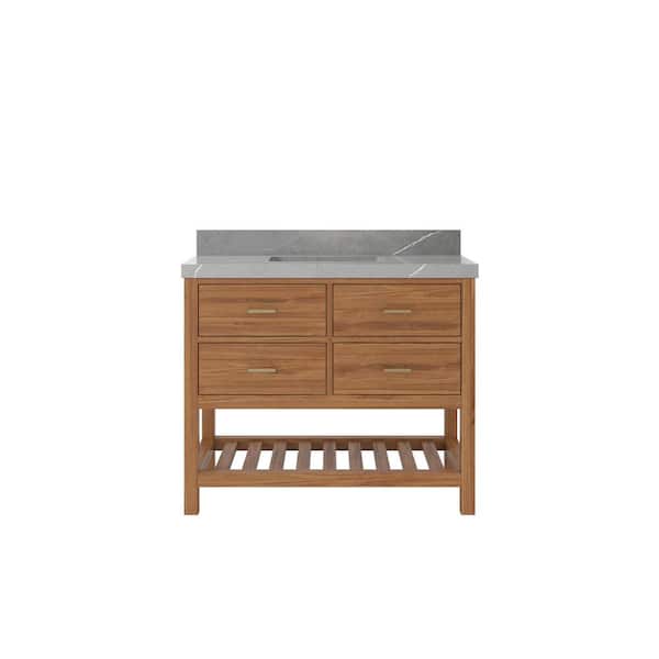 Willow Collections Parker Teak 42 in. W x 22 in. D x 36 in. H Single Sink Bath Vanity in Golden Teak with 2 in. Piatra Gray Qt. Top