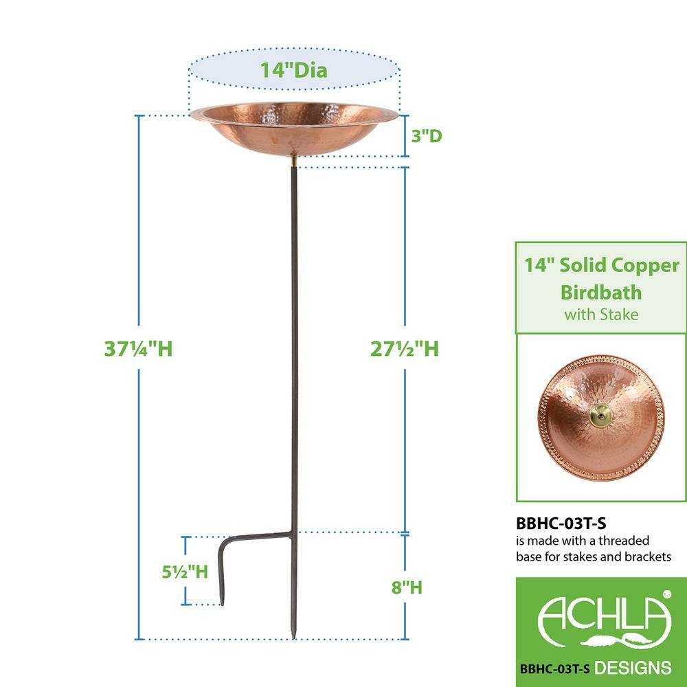 39'' Hammered Copper Birdbath with Bronze Iron Stake