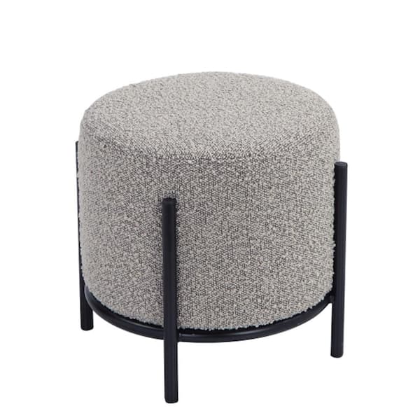 Benjara BM317068 13 in. AOP Round Cushioned Seat Gray Boucle Black Boucle Ottoman Stool
