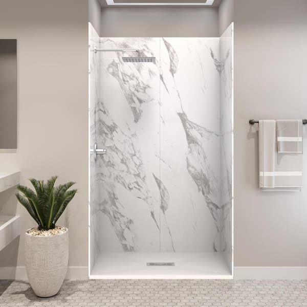 Carrara 34 in. x 48 in. x 84 in. Solid Composite Stone Alcove Shower Kit w/ Walls and White Pan Base Center Drain