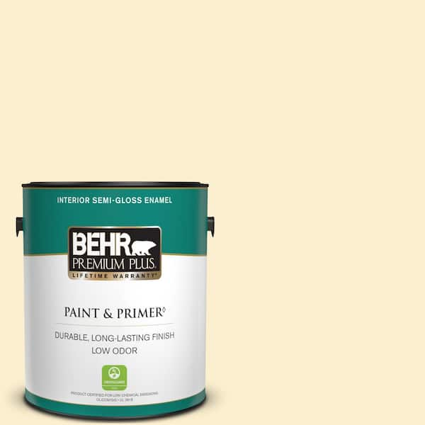 BEHR PREMIUM PLUS 1 gal. #370C-2 Custard Cream Semi-Gloss Enamel Low Odor Interior Paint & Primer