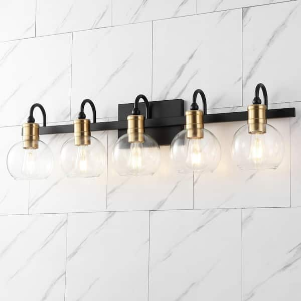 JONATHAN Y Marais 36.5 in. 5-Light Iron/Glass Rustic Vintage LED Vanity Light, Black/Brass Gold