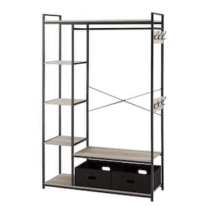 Grey Particle Board Free-Standing Closet Organizer with Storage Box and Side Hook, Portable Clothes Rack with 6-Shelves