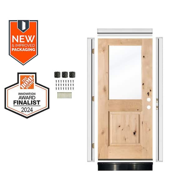 DIY 36in.x80in. Modern Farmhouse Left-Handed Half Lite Clear Glass Unfinished Wood Front Door Kit w/ Quick Assemble Jamb