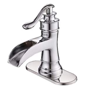 1-Handle Waterfall Single Hole Bathroom Faucet with Hot and Cold Water Hoses and Accessories in Polished Chrome