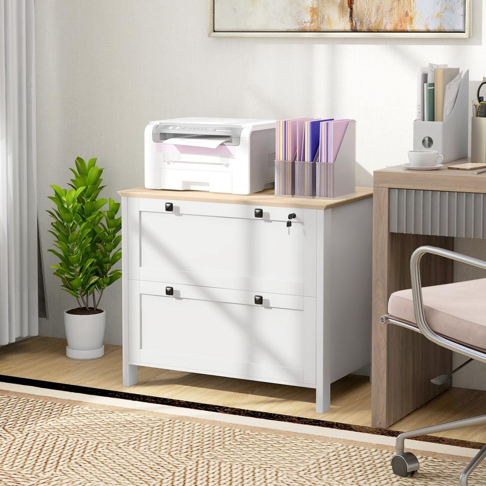 White and Light Wood 2-Drawer Lockable Lateral Filing Cabinet
