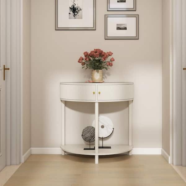Polibi 31.5 in. Cream White Half-Moon Wood Top Console Table with