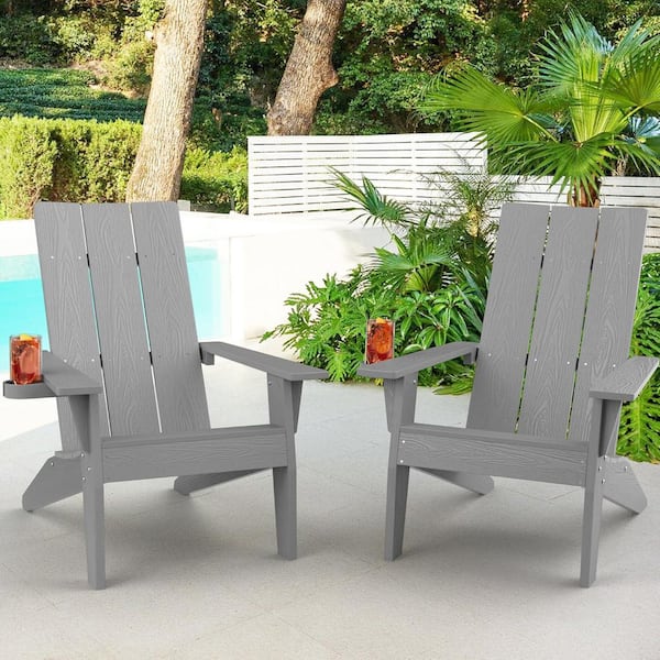 Mximu Oversize Modern Grey Plastic Outdoor Patio Adirondack Chair with Cup Holder (2-Pack)
