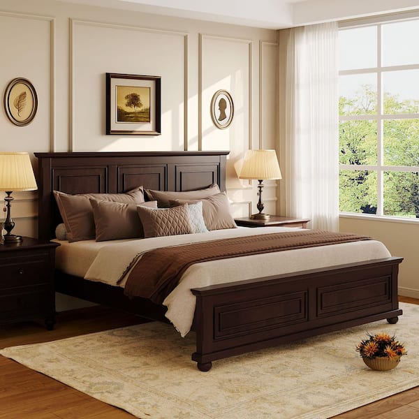 Rich Brown Vintage Style Wood Frame King Size Platform Bed with Sturdy Pinewood Frame and Legs
