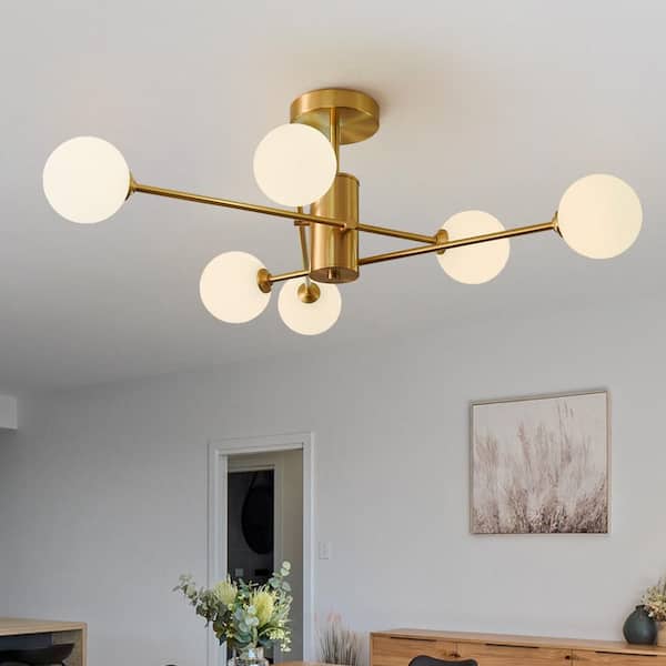 HUOKU Ceder 6-Light 32.7 in. W Pure Brass Semi-Flush Mount Sputnik Chandelier with Opal Glass for Living Room