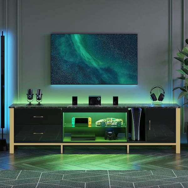 80 in. Modern High Gloss Black TV Stand for TVs Up to 85 in. LED Entertainment Center with Drawers and Cabinet